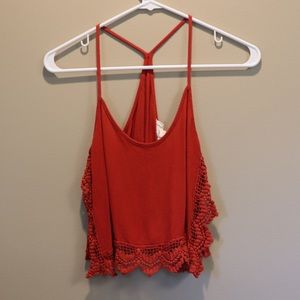 Red Cropped Tank with Lace Detail